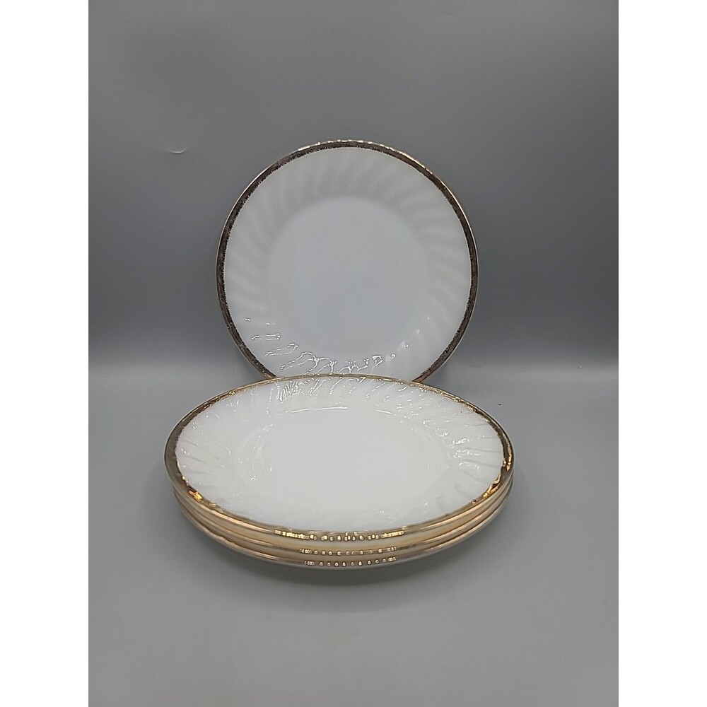 Salad Plate 7 3/4" Anchor Hocking Fire King Swirl Milk Glass Gold Trim Set Of 4